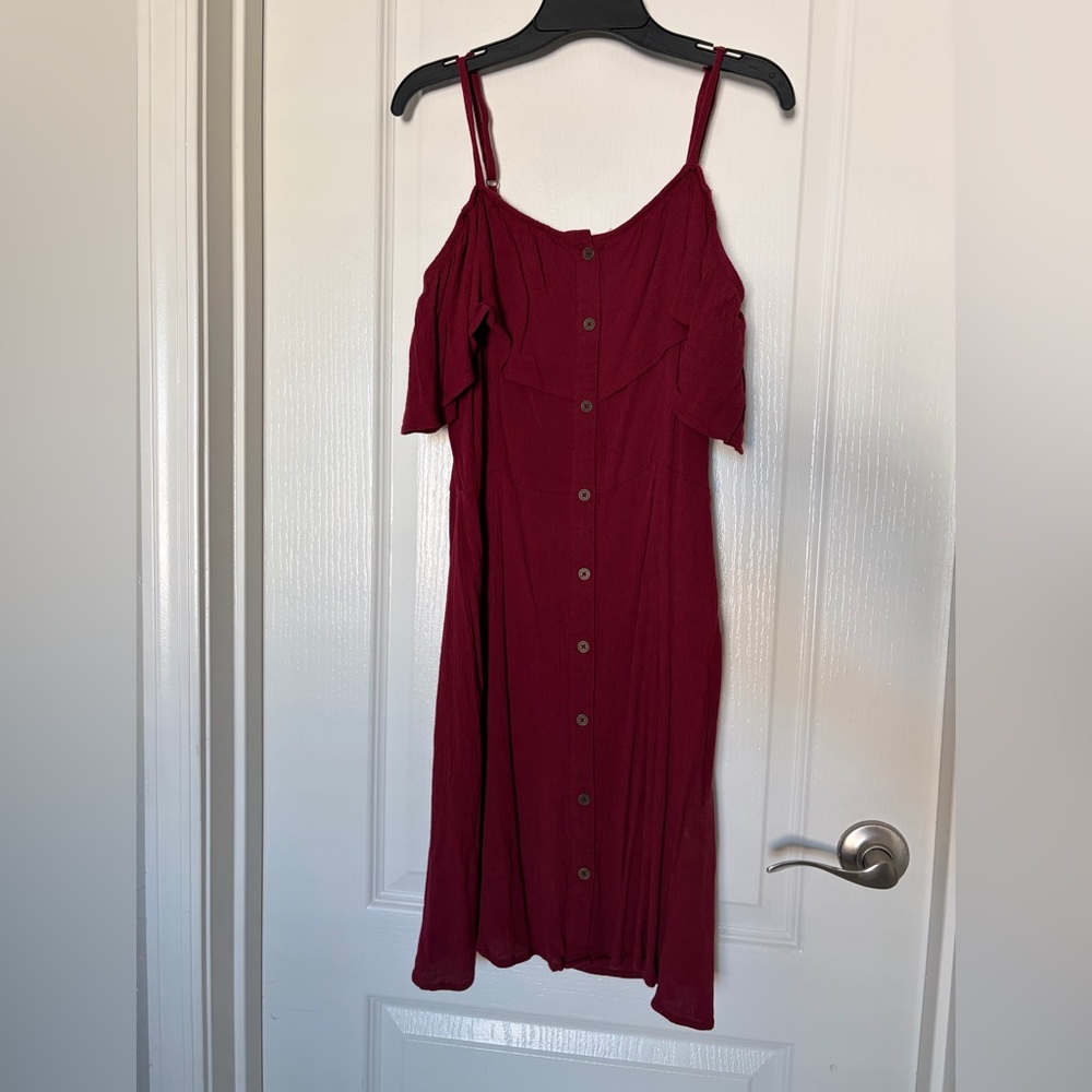 Mossimo Supply Co. Burgundy Button-Front Cold-Shoulder Midi Dress